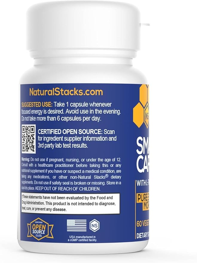 NATURAL STACKS Smart Caffeine Pills - 100mg Caffeine + 200mg L-Theanine Supplement - Supports Energy and Focus - No Jitters and No Crash - 60 Capsules