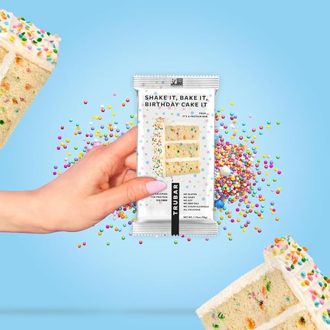 TRUBAR Vegan Protein Bar, Shake it Bake it Birthday Cake it, Gluten Free, Plant Based Protein, Dairy Free, Non GMO, Soy Free, No Sugar Alcohols, 12G Protein, 12G Fiber, 23G Carb, On the Go Snack Bars, 8ct