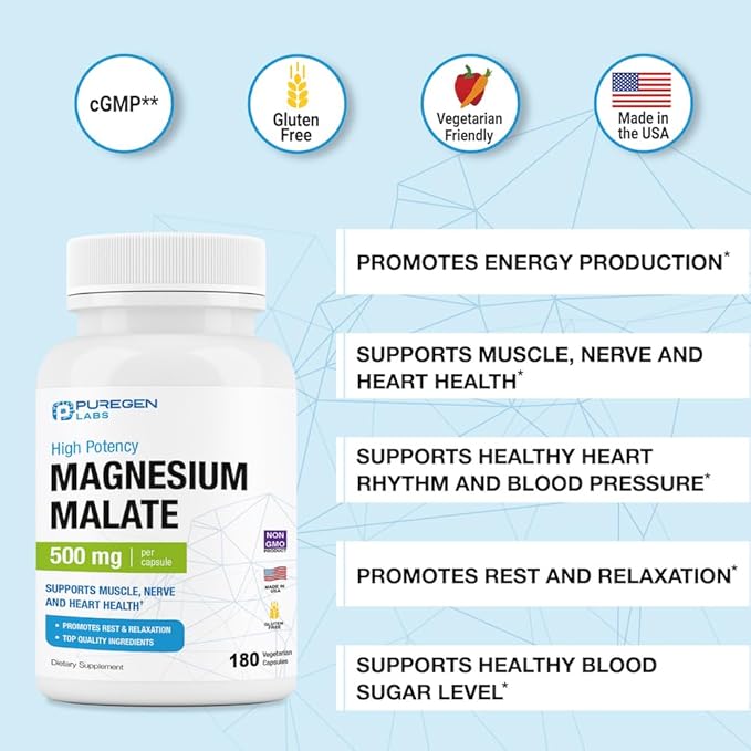 Puregen Labs Magnesium Malate 500mg | High Potency Elemental Magnesium | Total 360 Veggie Caps, Superior Absorption, Non-GMO, NO Gluten and Dairy, Supports Muscle, Joint, and Heart Health