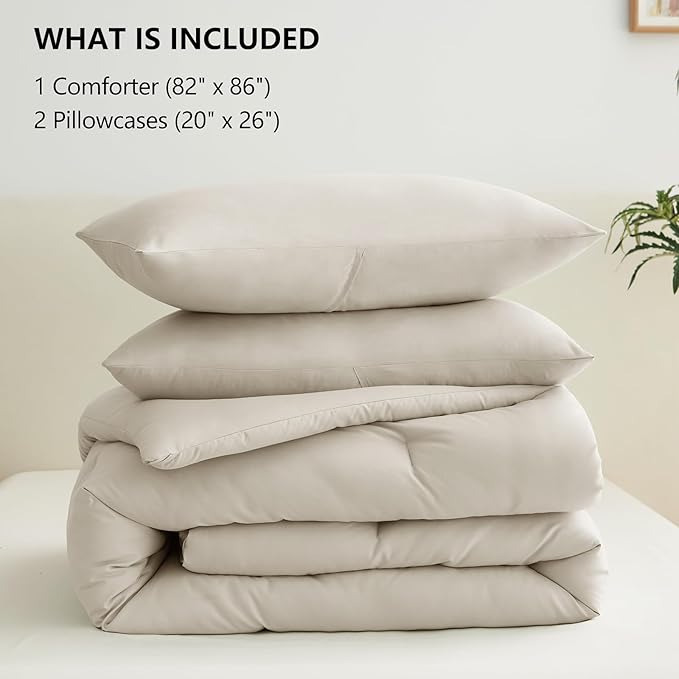 CozyLux Beige Comforter Set Full Size, 3 Pieces Solid Breathable Quilted Style Bedding Sets, Luxury Fluffy Soft Microfiber Comforter for All Season(1 Comforter & 2 Pillowcases)