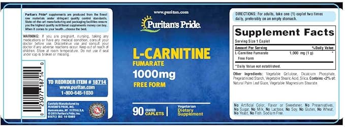 Puritan's Pride L-Carnitine Fumarate 1000 mg-90 Caplets