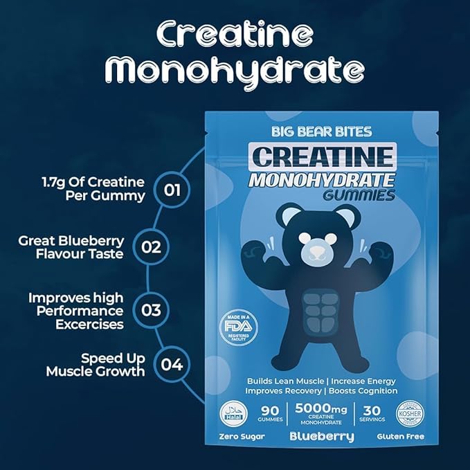 Creatine Monohydrate Gummies for Men & Women | 5000mg of Creatine Gummies per Serving | Sugar Free Gummies, Gluten Free & Halal | Pack of 90 Pre Workout Gummies | Blueberry Flavor