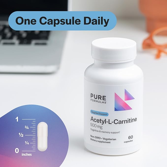 PureFormulas Acetyl L-Carnitine Cognitive & Memory Support L Carnitine Supplement for Brain, Focus, & Calmness Alcar, 500mg Dairy Free Non-GMO 60 Capsules