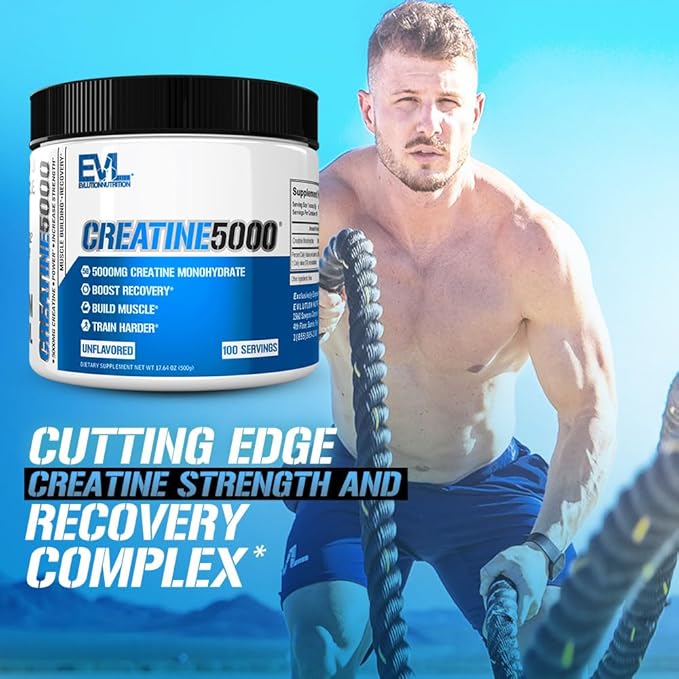 Evlution Nutrition Creatine 5000 - Supports Faster Recovery, Lean Muscle Growth & Performance - Pre & Post Workout Powder - 5000mg Pure Creatine Monohydrate Per Serving - 100 Servings - Unflavored