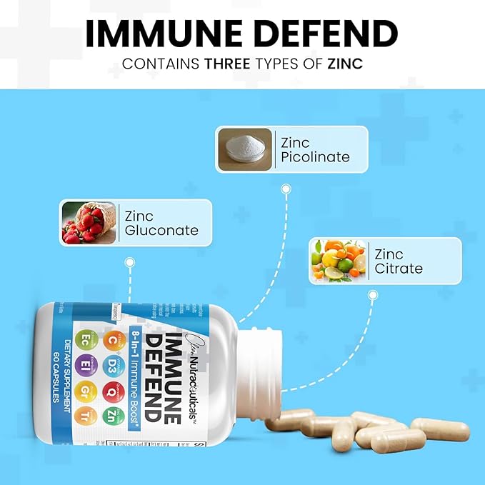 Clean Nutraceuticals Immune Defense Support Supplement 8 in 1 with Zinc 50mg Quercetin, VIT C 1000mg, Vitamin D3 5000 IU, Elderberry, Ginger - Immunity System Booster for Adults, Vegan - 60 Count