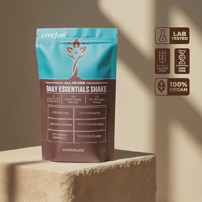LyfeFuel Essentials Nutrition Shake - Not Your Average Meal Replacement Powder | 50+ Superfoods, Vegan Protein, Vitamins & Minerals | Low Carb Plant Based Breakfast Shake | Chocolate Flavor