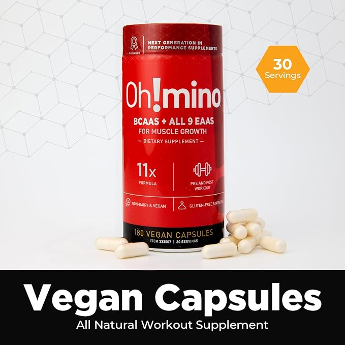 Oh!mino Amino Acids Supplement for Protein Synthesis - EAAs Capsules for Muscle Recovery, Pre & Post Workout - Caffeinated, Non Dairy, Vegan, Zero Sugar & Net Carbs (180-Count, 30 Servings)