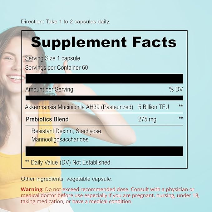 UpNourish Probiotics for GLP-1 Support, 5 Billion TFU Akkermansia Muciniphila for Digestive Health, Leaky Gut, Immunity and Metabolic Health, Prebiotics and Probiotics for Women and Men, 60 Capsules