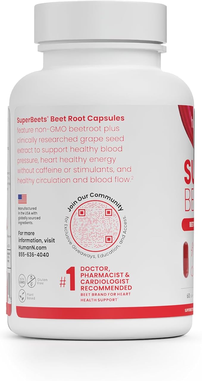 HumanN SuperBeets Beet Root Capsules Quick Release 1000mg, Helps Support Nitric Oxide Production, Blood Pressure, Heart Health, Contains Non-GMO Beetroot Powder, Studied Antioxidants 180 Count