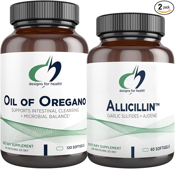 Designs for Health Oil of Oregano (120 Gels) + Allicillin Garlic Supplement (60 Softgels) - 2 Product Detox & Immune Support Bundle to Support Intestinal Cleansing & a Healthy Microbial Environment