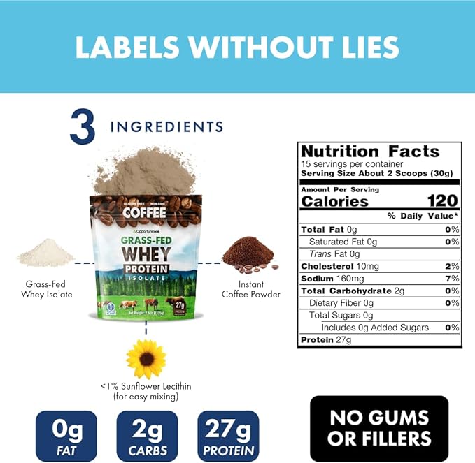 Opportuniteas Grass Fed Coffee Whey Protein Isolate Powder - 27g Protein Powder Without Artificial Sweeteners, 60mg Caffeine, Hormone-Free Cows - 5lb