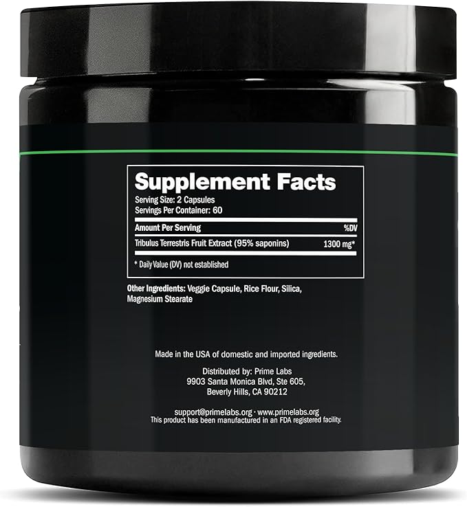 Prime Labs Tribulus Terrestris for Men 1300mg - Enhanced with 95% Saponins - Energy, Vitality, Strength - 120 Count