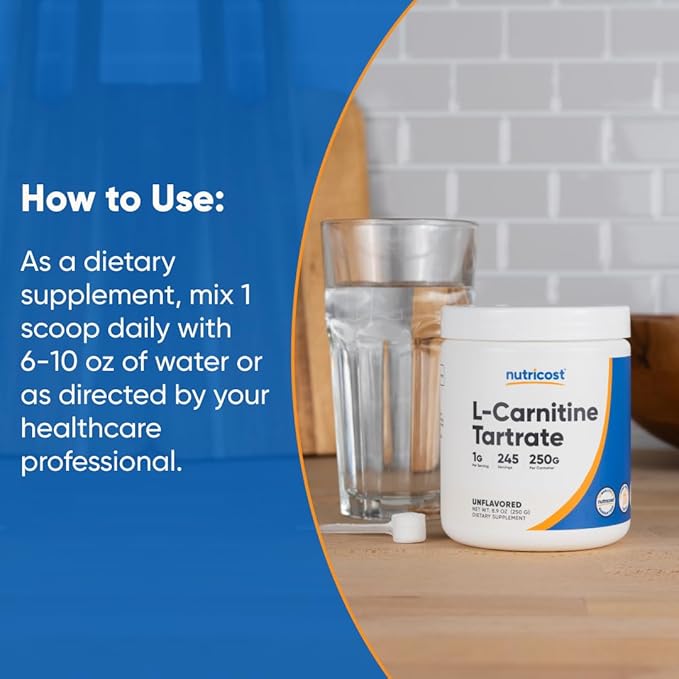 Nutricost L-Carnitine Tartrate Powder (250 Grams) - 1 Gram per Serving, 245 Servings