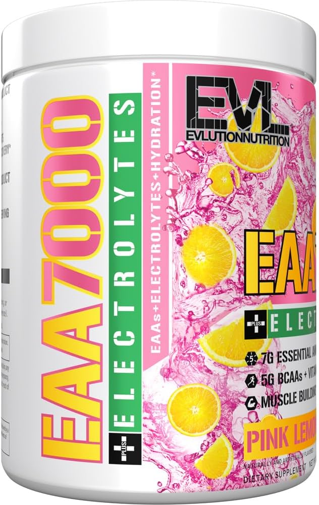 Evlution Nutrition EAA7000 + Electrolytes - Pre & Post Workout Powder - Muscle Building + Recovery Supplement - 7g EAAs + 5g BCAAs + 6 Key Electrolytes - Rapid Hydration - 30 Servings - Pink Lemonade