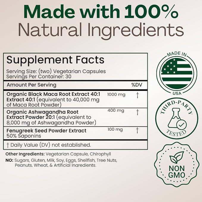 MACAPLUS+ 40,000mg 40x Strength Organic Black Maca Root + Ashwagandha + Fenugreek - #1 Highest Potency Black Maca Root Capsules for Men and Women Supplement 100% Pure Maca Peruana 40:1 Powder Pills