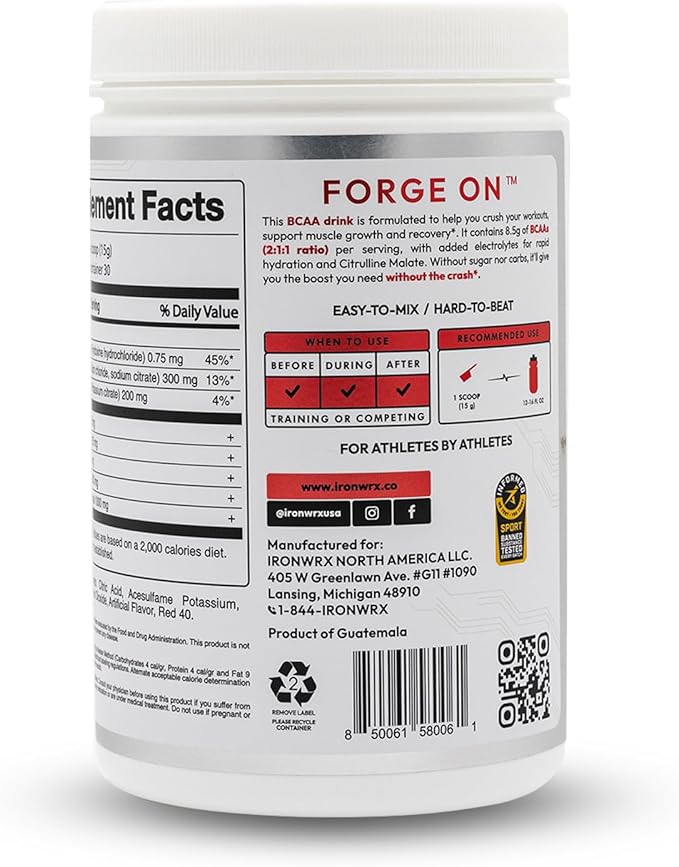 BCAA Powder | Watermelon Flavor | 30 SERVINGS | Zero Sugar | 2:1:1 Leucine, Valine, and Isoleucine Ratio with Citrulline Malate and L-Glutamine | Muscle Growth, Recovery, and Soreness Support