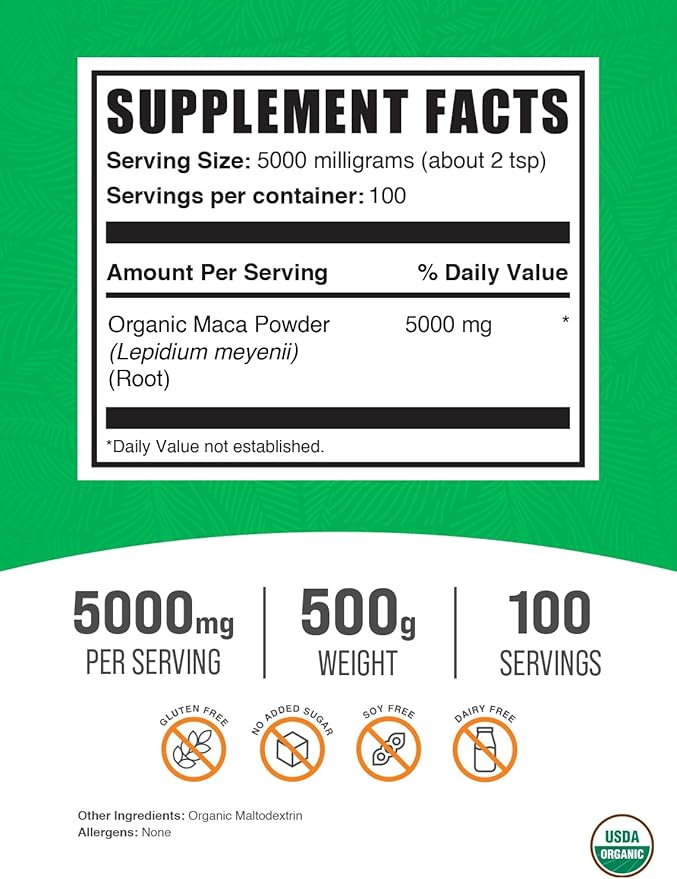 BulkSupplements.com Organic Maca Powder - Maca Supplement, Maca Root Powder - Superfood, Maca Powder Organic - Gluten Free, 5000mg per Serving, 500g (1.1 lbs) (Pack of 1)