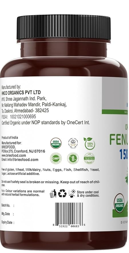 Brieofood Organic Fenugreek 1500mg, 150 Servings, Vegetarian, Gluten Free, 300 Vegetarian Tablets