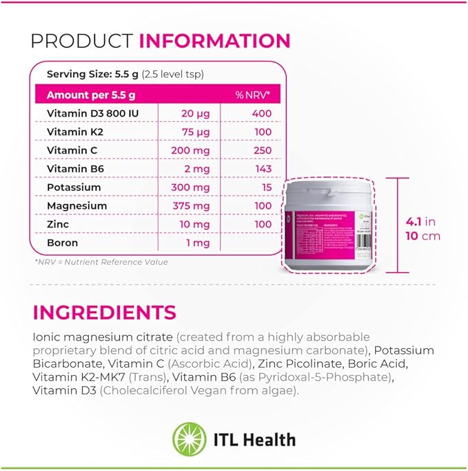 ITL Health Ionic Magnesium Citrate for Bone & Heart Support, 180g 45-Servings, Unflavored, Includes Zinc, Vitamin D3, K2, B6, Potassium, Boron & Electrolyte, Hormone Balance & Immune Supports