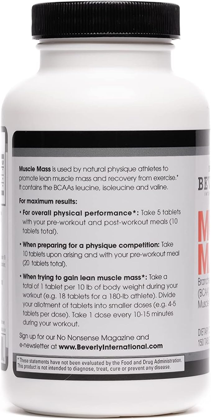 Beverly International Muscle Mass, 150 Tablets. A Free-Form Branched-Chain Amino Acid (BCAA) for Lean Muscle Mass & Recovery. Contains 2.5:1:1 Ratio of Leucine to Isoleucine to Valine. Muscle Fuel