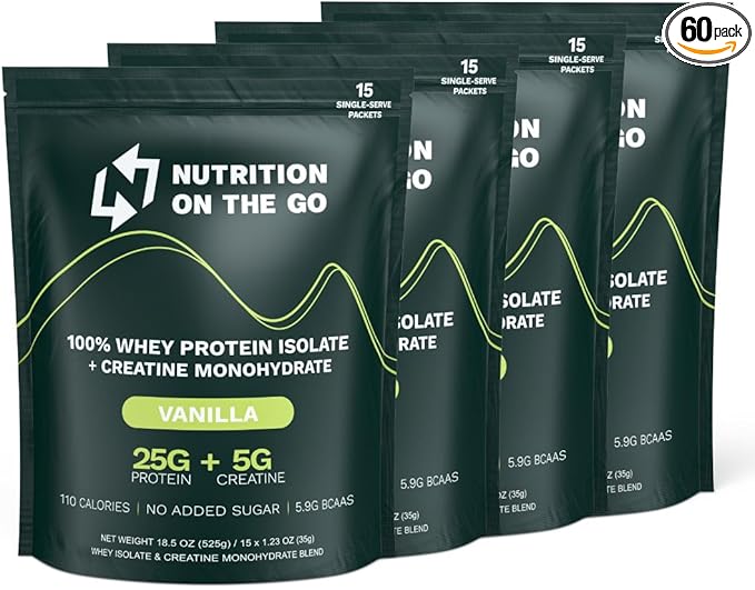 Vanilla Whey Protein Powder with Creatine – 25g Protein, 5g Creatine – Single-Serve Packets for Travel, Gym, and On The Go – Easy Mix, Gluten-Free (60-Pack)