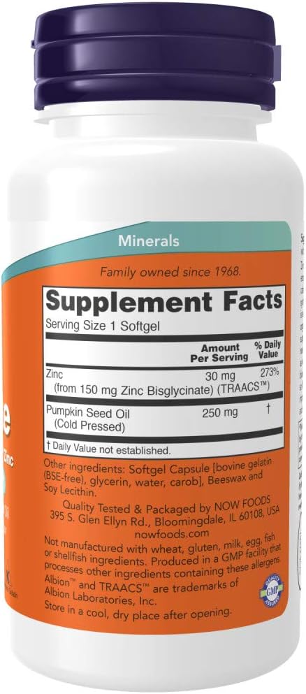 Now Supplements, Zinc Glycinate with 250 mg Pumpkin Seed Oil, Supports Prostate Health*, 120 Softgels
