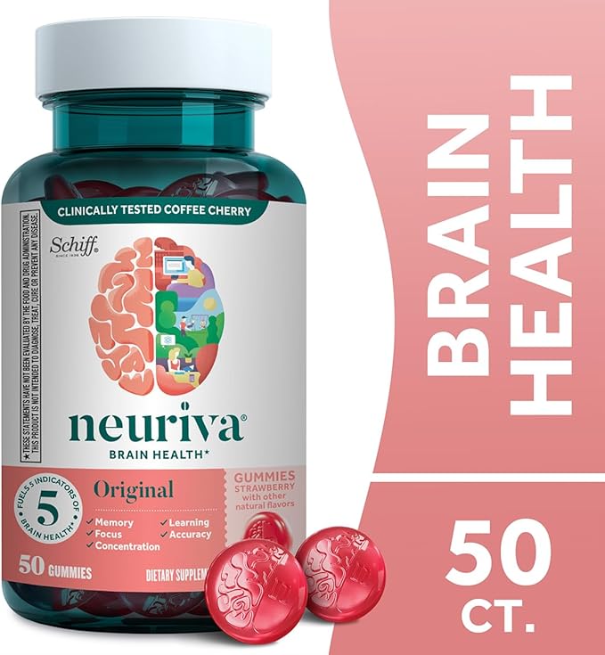 NEURIVA Original Brain Supplement for Memory, Focus & Concentration + Learning & Accuracy with Clinically Tested Nootropics Phosphatidylserine and Neurofactor, Strawberry Flavor, 50 Gummies (2 Pack)