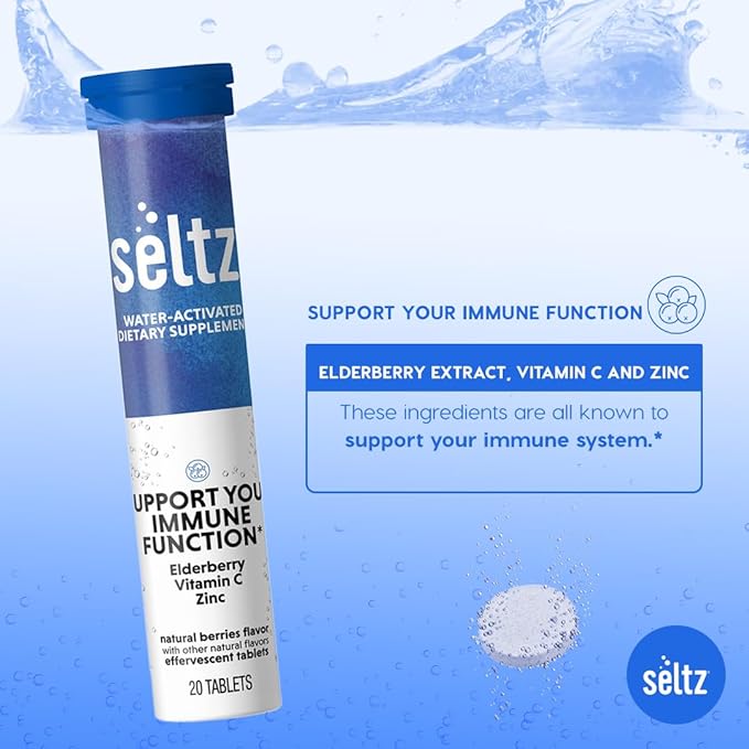 Seltz® Water-Activated Vitamins - Support Your Immune Function - Vitamin C, Elderberry Extract, and Zinc – Natural Berries Flavor Dietary Supplement - 6 Packs x 20 Effervescent Tablets Each