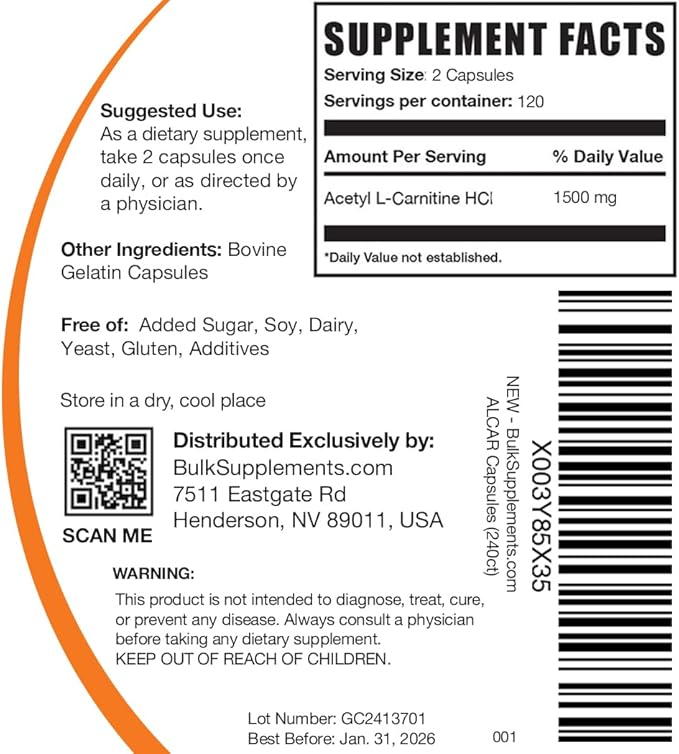 BulkSupplements.com Acetyl L-Carnitine Capsules - ALCAR HCl, Carnitine Supplement - ALCAR Capsules, Acetyl L-Carnitine 1500mg - Gluten Free, 2 Capsules per Serving, 240 Capsules