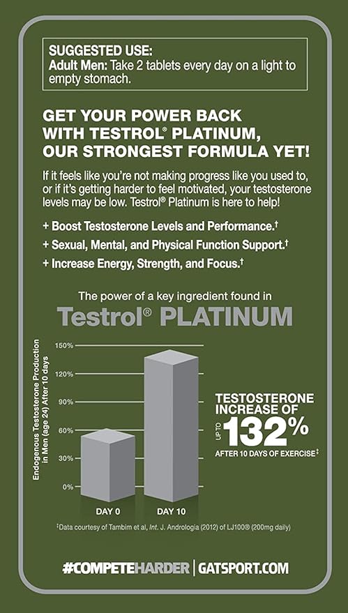 Testrol Platinum, Test Booster for Men by GAT Sport Stamina + Libido + Testosterone Boost, Boron, Vitamin D, Zinc, 60 Tablets