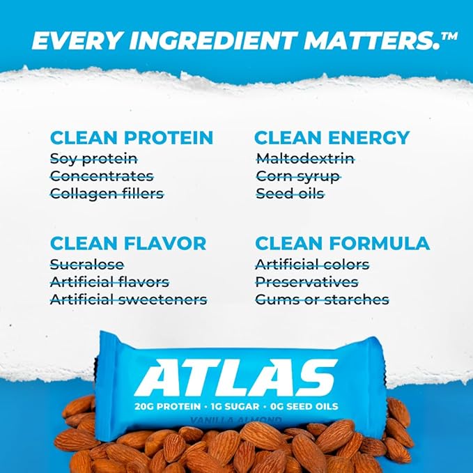 Atlas Protein Bar, 20g Protein, 1g Sugar, Clean Ingredients, Gluten Free (Whey Variety, 12 Count (Pack of 2))