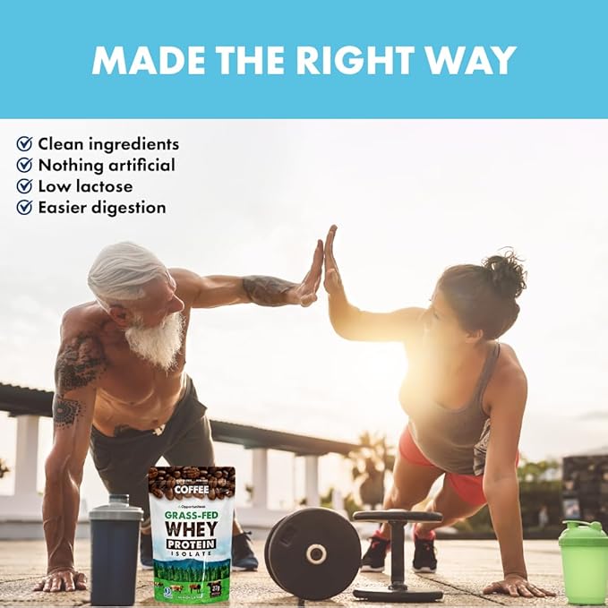 Opportuniteas Grass Fed Coffee Whey Protein Isolate Powder - 27g Protein Powder Without Artificial Sweeteners, 60mg Caffeine, Hormone-Free Cows - 5lb