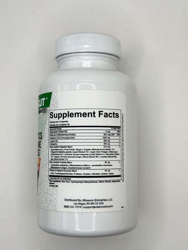 Clean Nutraceuticals Colostrum Supplement Capsules Probiotics Pills Prebiotics, L-Glutamine, Digestive Enzymes, Folate, Fiber, ACV, Turmeric, Apple Pectin and Turmeric Good Gut