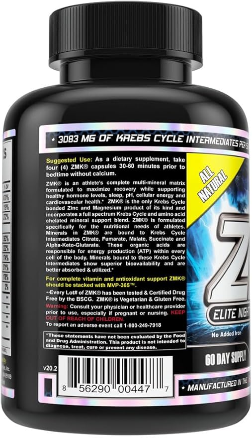 MST ZMK Nighttime, Multi Mineral Supplements, Zinc, Magnesium, Trace Minerals, ATP BSCG Certified, 240 V Capsules Millennium Sport Technologies