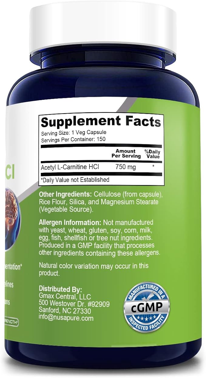 NusaPure Acetyl L-Carnitine 750mg per Caps 150 Veggie Capsules (Non-GMO, Gluten Free) High Potency Acetyl L Carnitine HCL (ALCAR)