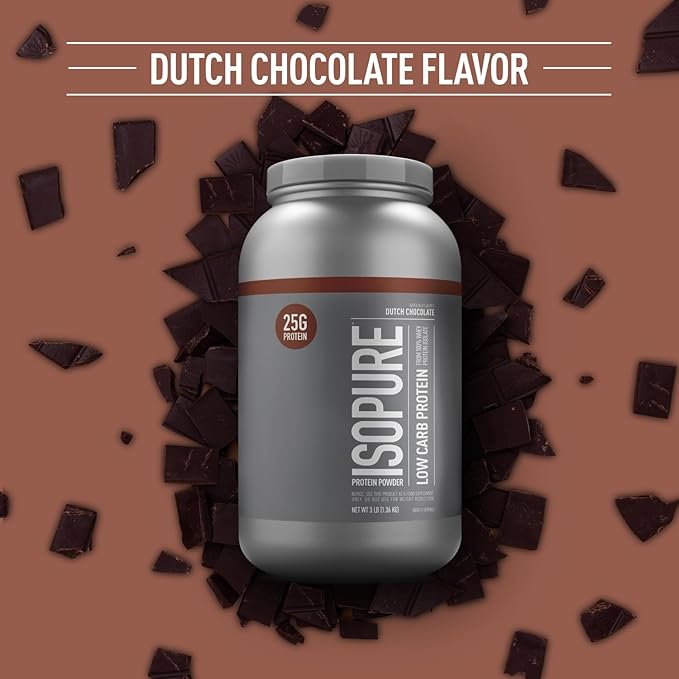 Isopure Low Carb 100% Pure Whey Isolate Protein Powder, Lactose Free, Gluten Free, With Vitamins, Dutch Chocolate, 25g Protein Per Serving, 3 Lbs, 41 Servings