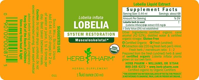Herb Pharm Certified Organic Lobelia Liquid Extract for Musculoskeletal System Support - 1 Ounce (DLOBEL01) (Pack of 3)
