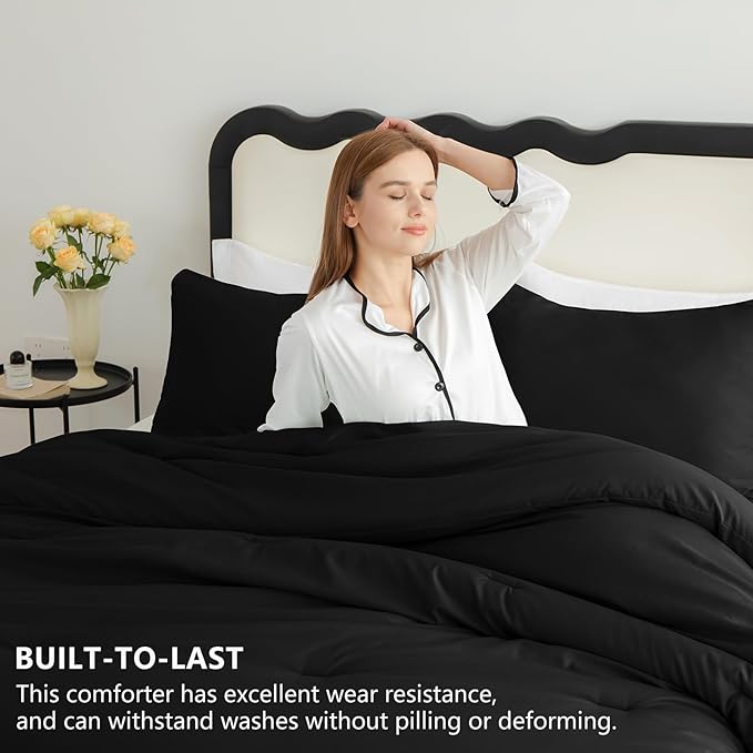 CozyLux King Size Comforter Set Black, 3 Pieces Solid comforter king size Breathable Quilted Style Bedding Sets, Luxury Soft Microfiber Down Alternative Comforter Bed Set (1 Comforter & 2 Pillowcases)