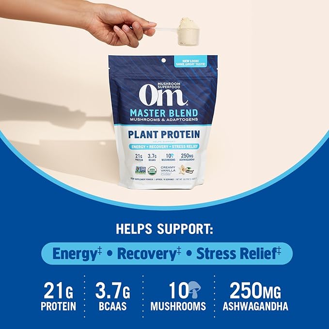 OM MUSHROOM SUPERFOOD Master Blend Plant-Based Protein Powder, 16 Servings, Creamy Vanilla with 10 Mushroom Blend & Adaptogens for Recovery