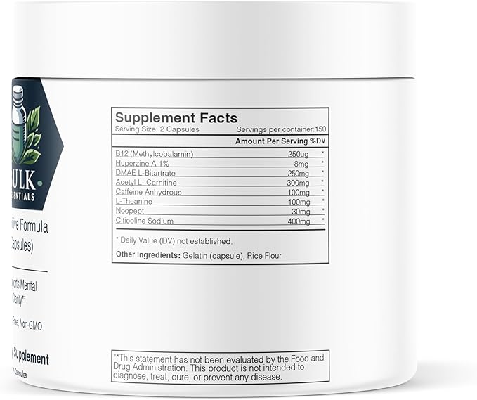 Cognitive Formula Capsules - 300 Capsules - 150 Servings - Caffeine - L-Theanine - Citicoline - Nootropic - Energy