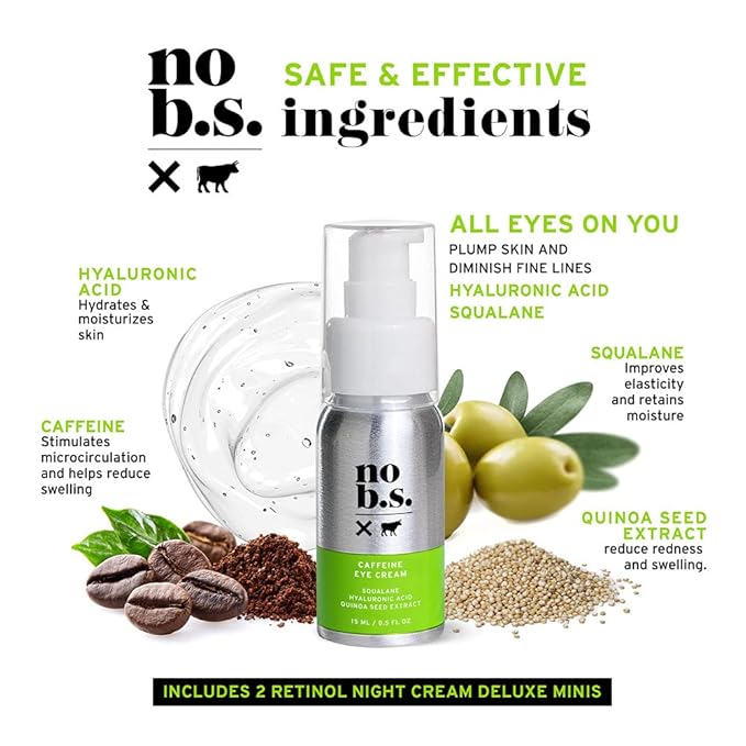 No Bad Stuff - Caffeine Eye Cream with Pure Hyaluronic Acid & Plant Based Squalane Oil, Under Eye Cream for Dark Circles & Puffiness, Travel Size, 0.5 FL Oz, and CoQ10 for Wrinkles