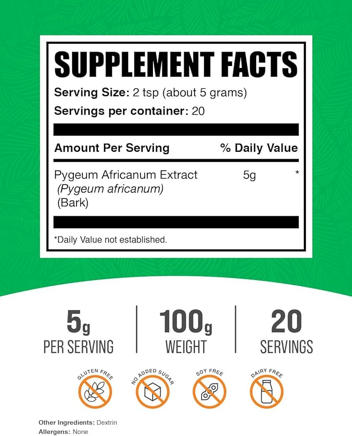 BulkSupplements.com Pygeum Africanum Extract Powder - from Pygeum Bark - Gluten Free, 5000mg per Serving, 100g (3.5 oz) (Pack of 1)