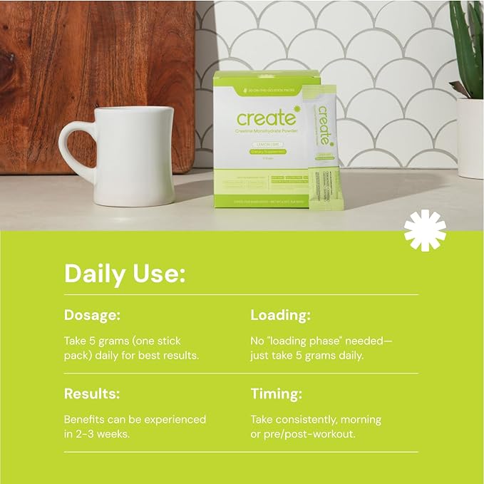 Create Single Serve Creatine Monohydrate Powder – 5g Creapure Creatine | Redefining Strength, Energy & Recovery | Sugar-Free, Vegan, Non-GMO | Lemon/Lime | 30 Packets