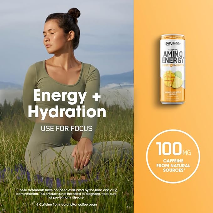 Optimum Nutrition Amino Energy Sparkling Hydration Drink, Electrolytes, Caffeine, Amino Acids, BCAAs, Sugar Free, Mango Pineapple Limeade, 12 Fl Oz, 12 Pack (Packaging May Vary)