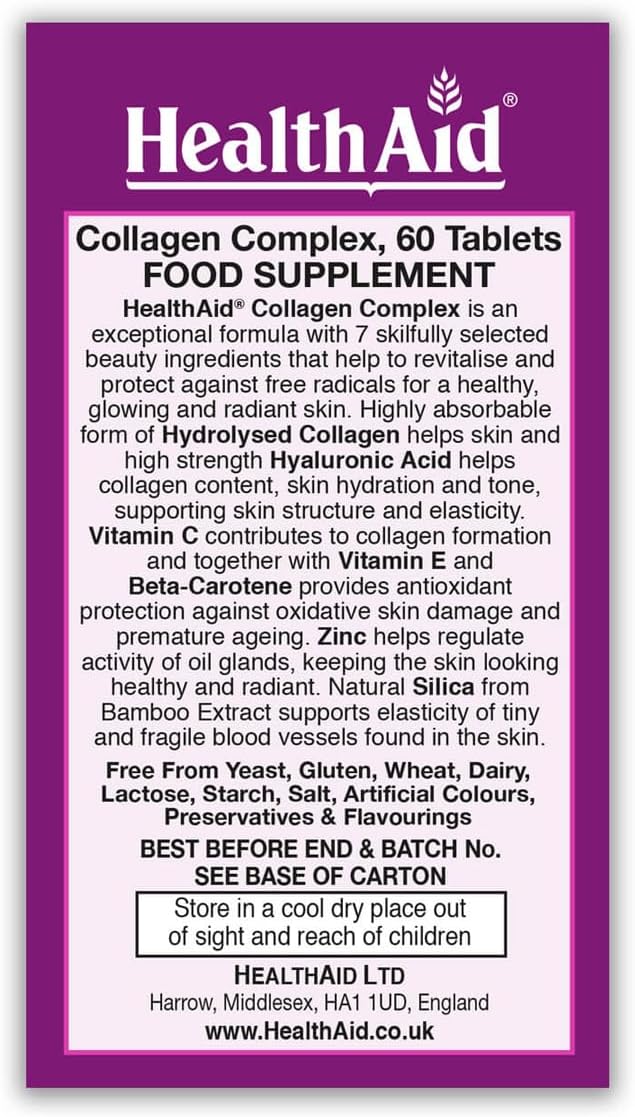 Collagen Complex, Marine Collagen and Hyaluronic Acid, Vitamin C, E, and Zinc, 2 Tablets Daily, Healthaid America