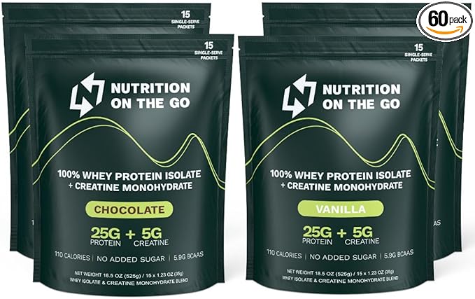 Variety Pack Whey Protein Powder with Creatine – 25g Protein, 5g Creatine – Single-Serve Packets for Travel, Gym, and On The Go – Easy Mix, Gluten-Free (60-Pack)