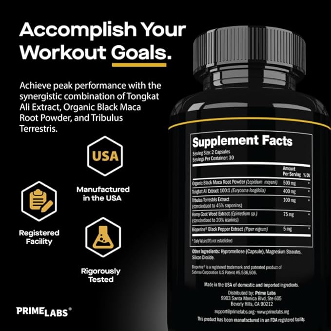 Prime Labs Tongkat Ali for Men - Plus Organic Black Maca Root and Tribulus Terrestris - Performance, Vitality, Energy - 60 Count