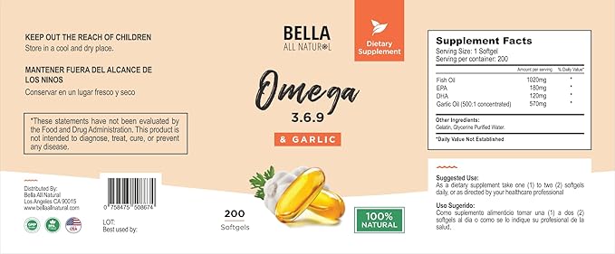 Bella All Natural Omega 3 6 9 with Garlic Oil - 200 Softgels