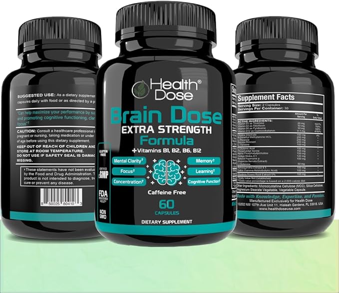 Brain Dose Premium Nootropics - Caffeine-Free Extra Strength Formula for Men & Women - Supports Brain Health, Cognitive Focus & Memory Retention, Pack of 5.