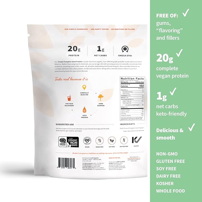Sprout Living Simple Pumpkin Seed Protein Powder, 20 Grams Organic Plant Based Protein Powder Without Artificial Sweeteners, Non Dairy, Non-GMO, Vegan, Gluten Free, Keto Drink Mix (5 Pound)